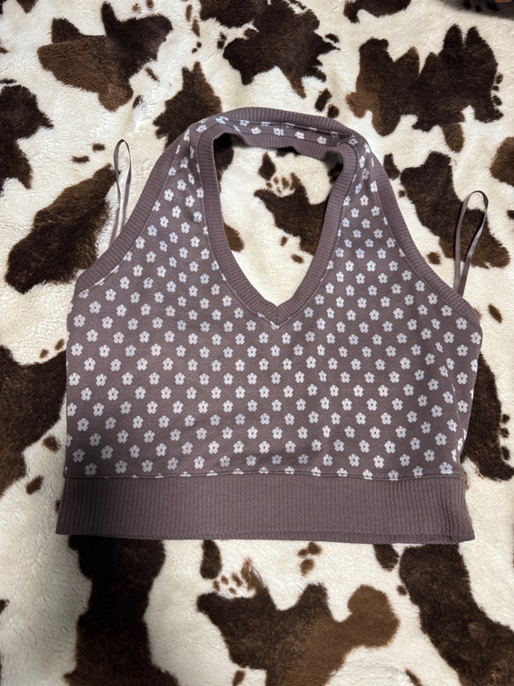 Women's Brown Floral Knit Halter Crop Top